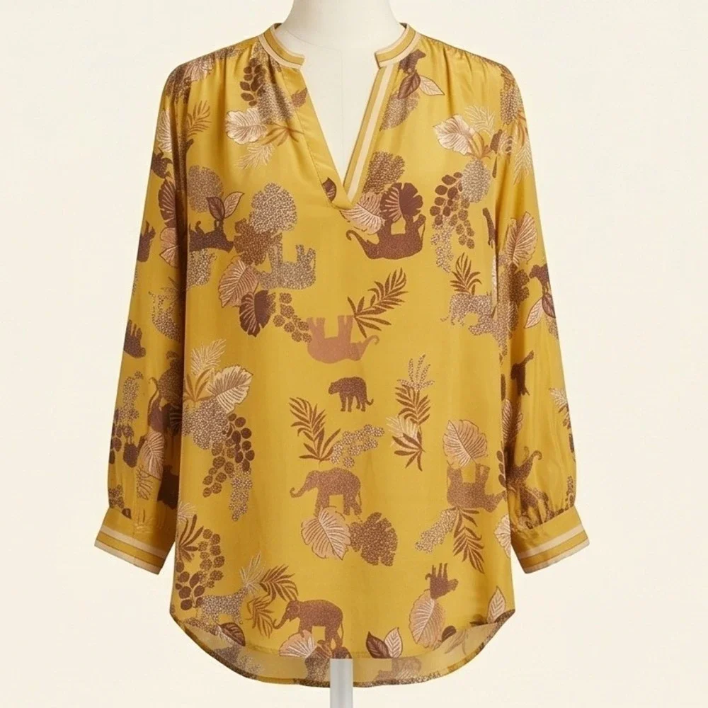 Johnny Was XS Yellow Taly Astrid Jungle Silk Safari Animal Print Tunic Blouse